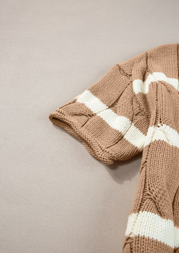Striped Cable Knit Short Sleeve Sweater
