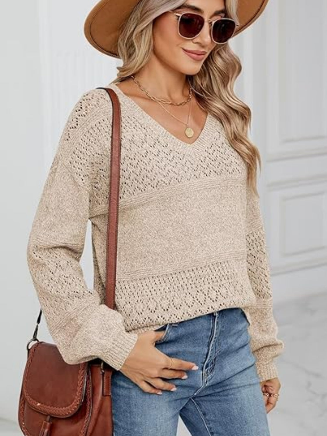 Eyelet V-Neck Long Sleeve Sweater