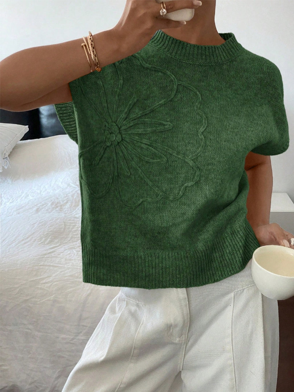 Flower Ribbed Hem Round Neck Cap Sleeve Sweater