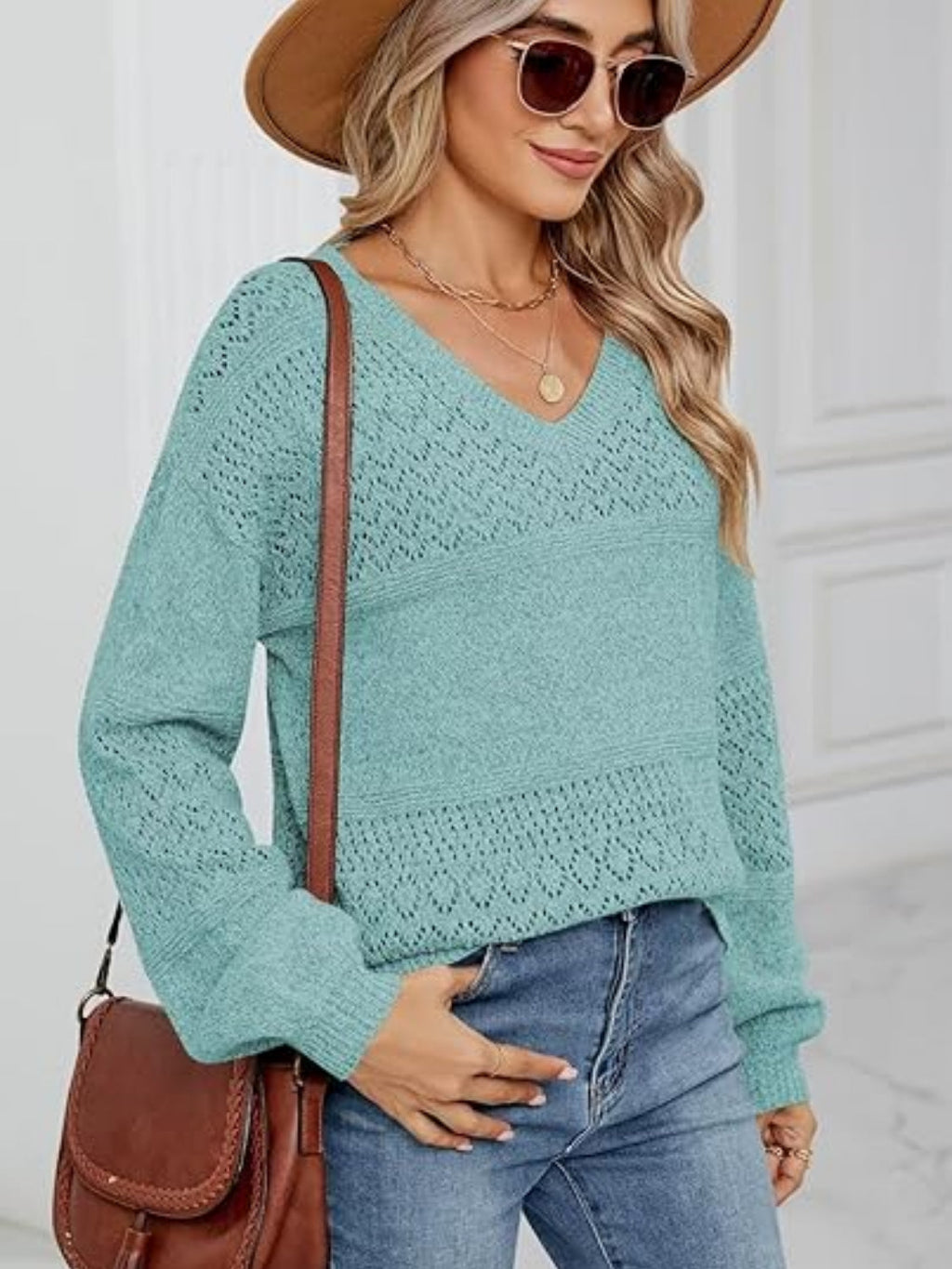 Eyelet V-Neck Long Sleeve Sweater