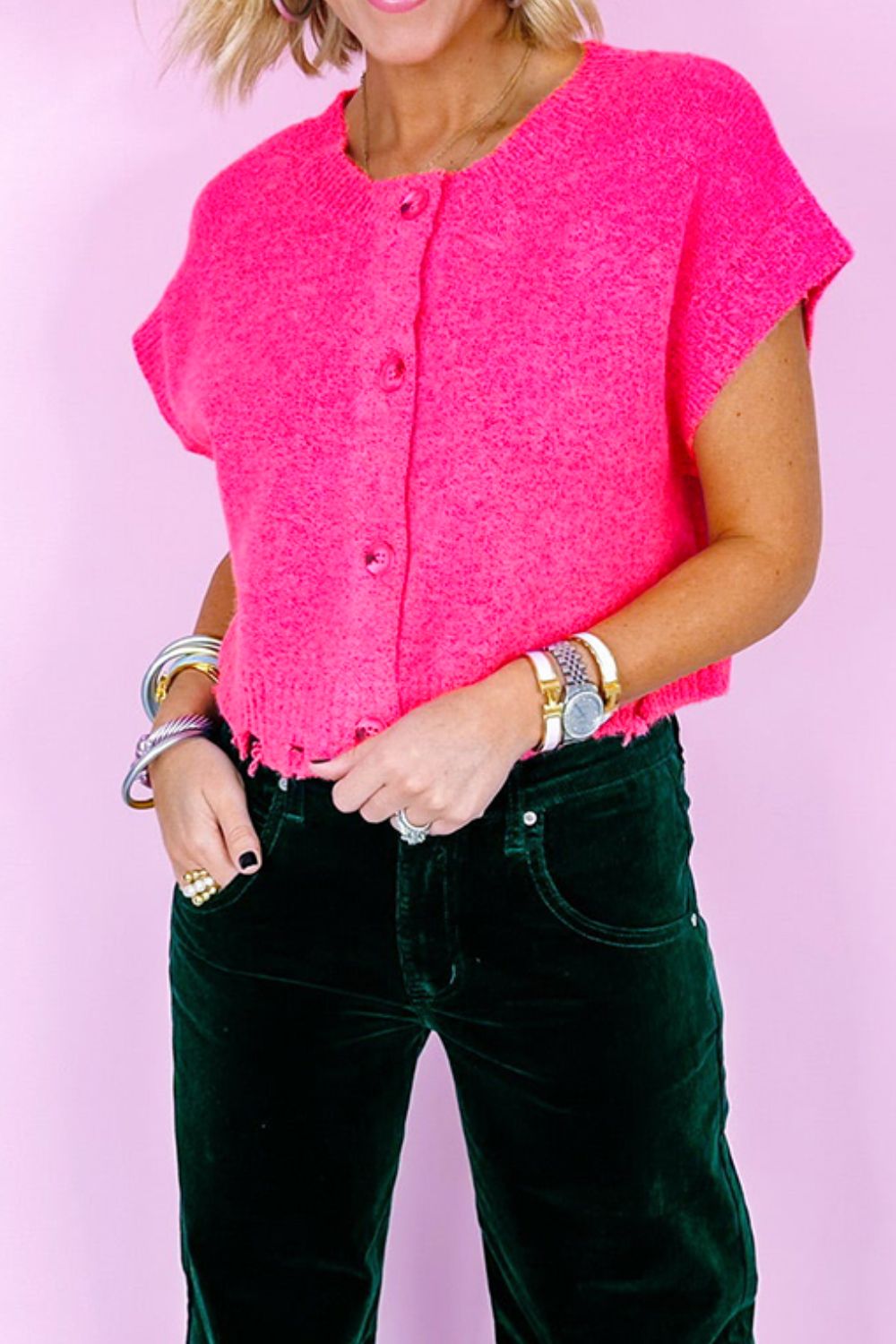 Distressed Hem Cap Sleeve Button Front Sweater