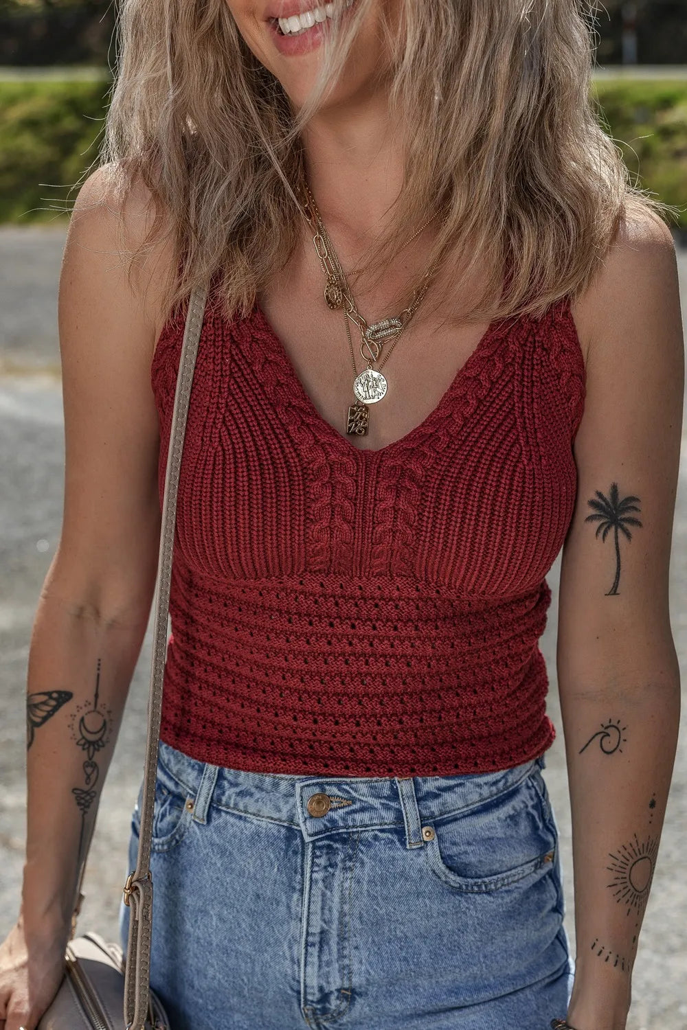 Cable Knit Pointelle Slim Fit V Neck Sweater Vest