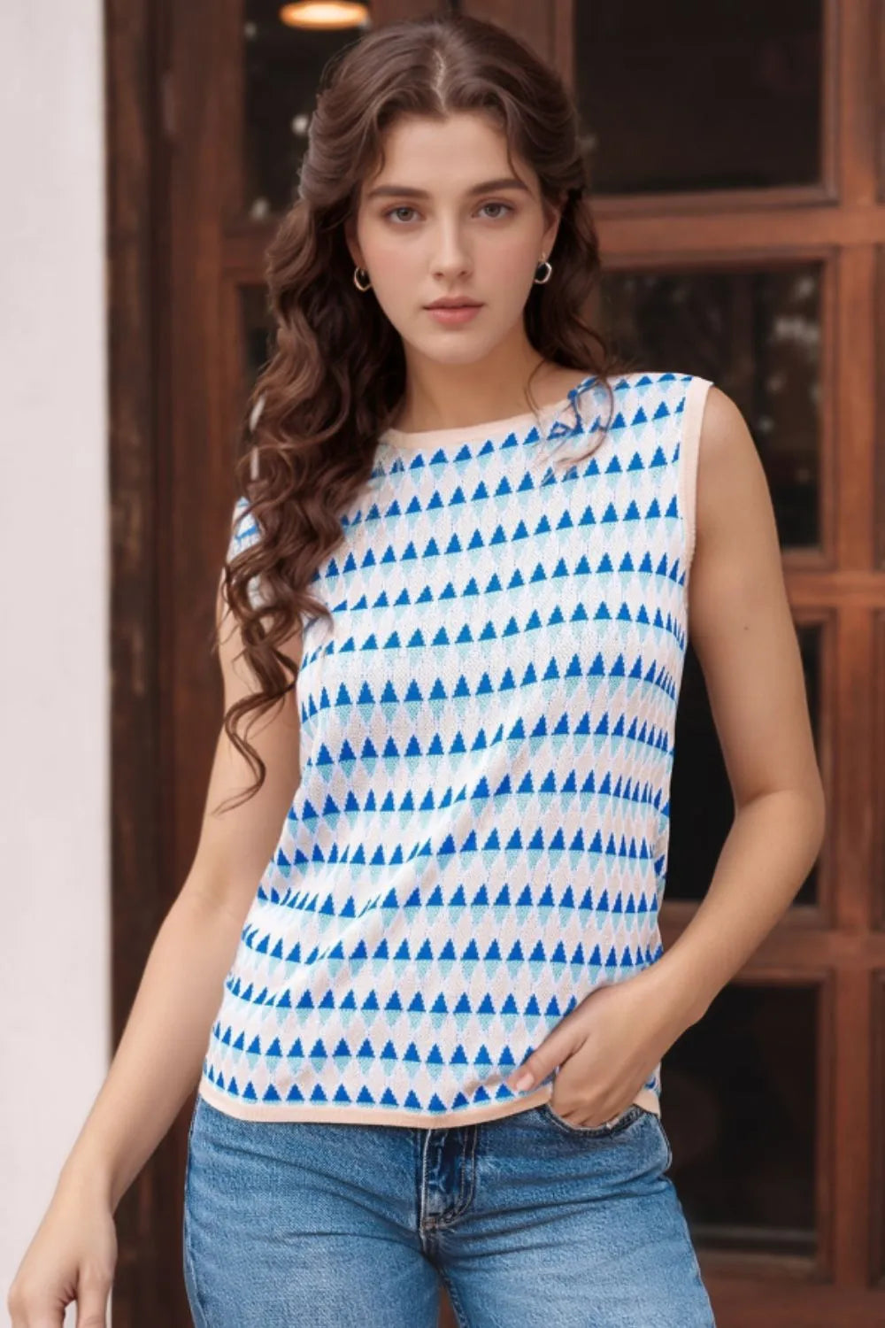 Stripe Geometric Print Round Neck Slim Fit Sweater Vest