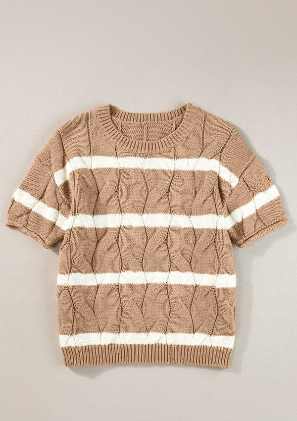 Striped Cable Knit Short Sleeve Sweater