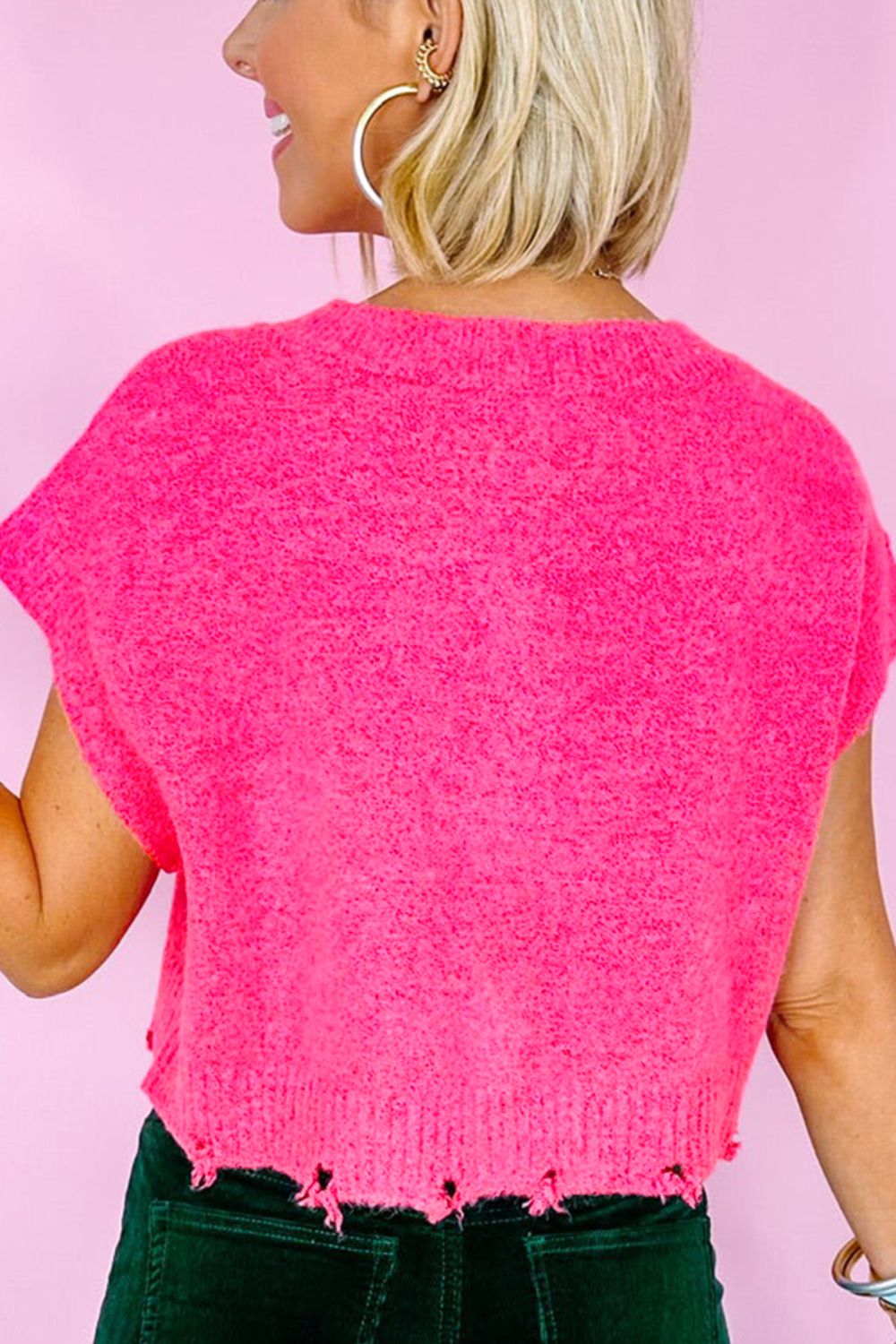 Distressed Hem Cap Sleeve Button Front Sweater