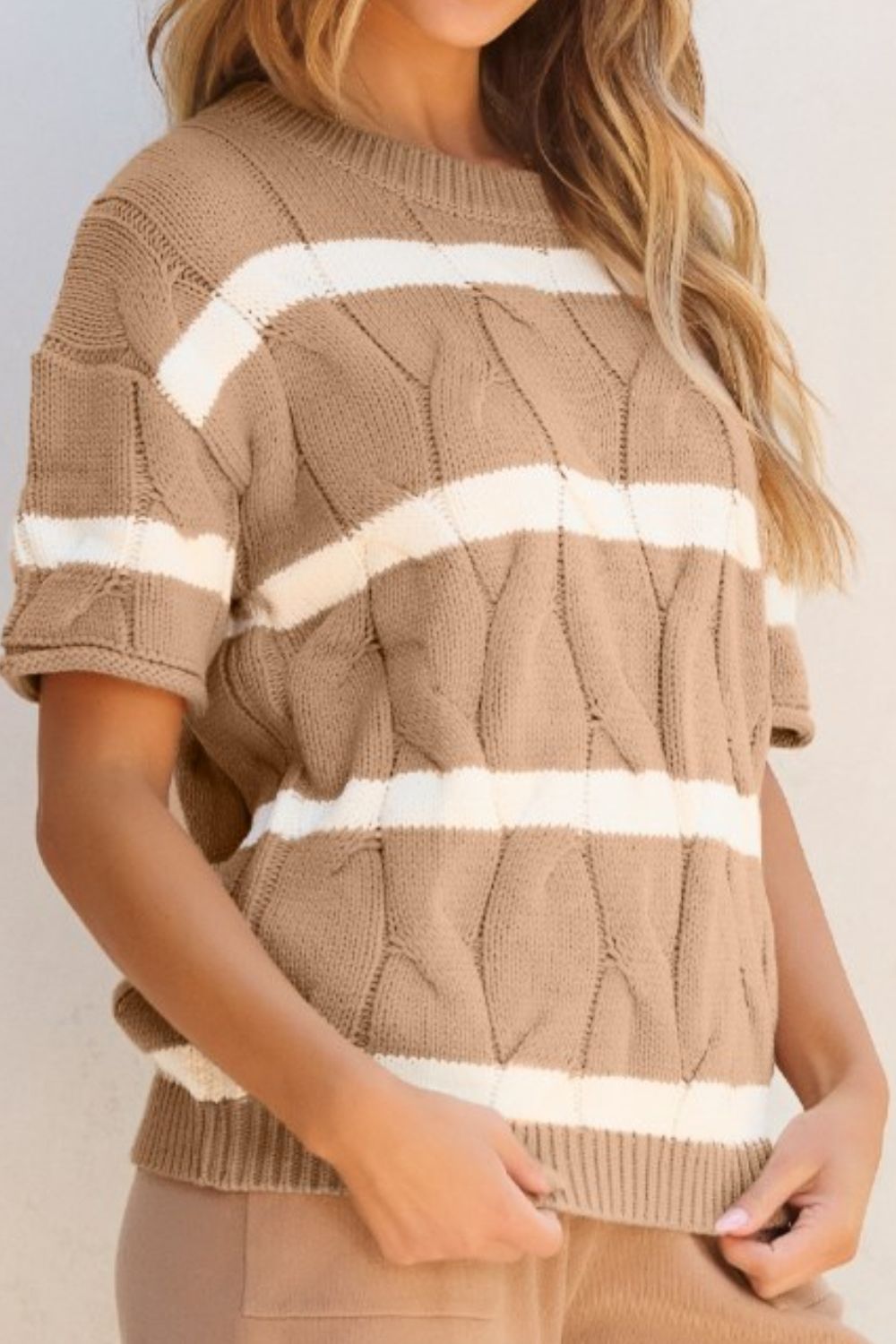 Striped Cable Knit Short Sleeve Sweater