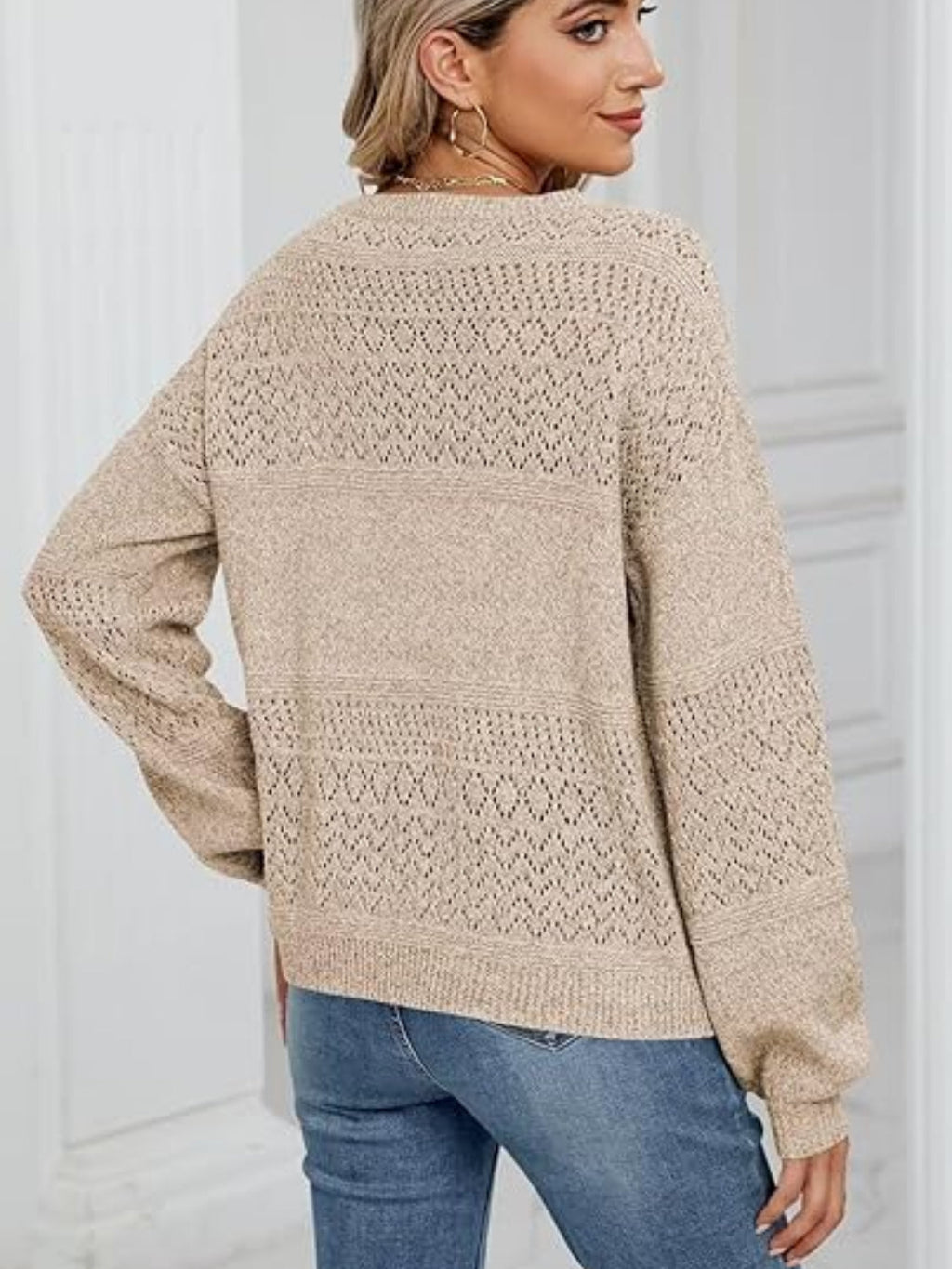 Eyelet V-Neck Long Sleeve Sweater