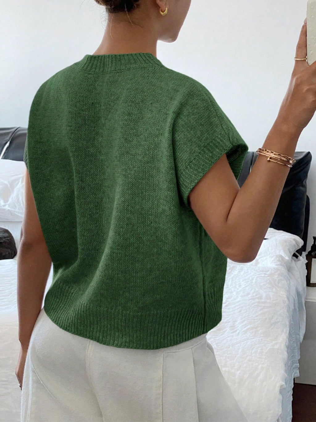 Flower Ribbed Hem Round Neck Cap Sleeve Sweater