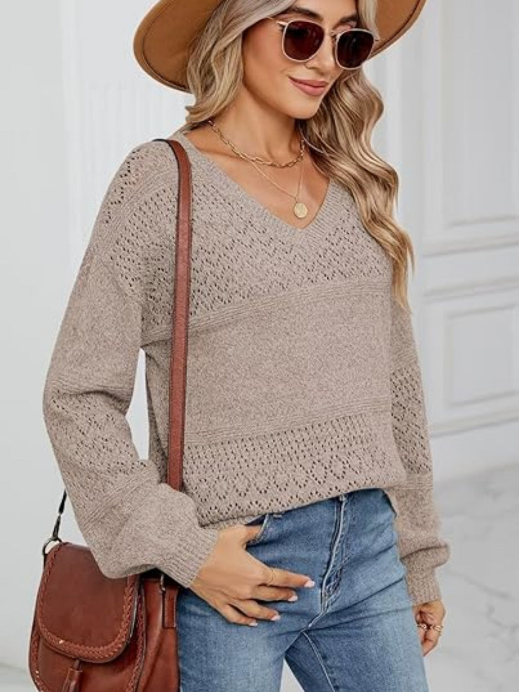 Eyelet V-Neck Long Sleeve Sweater