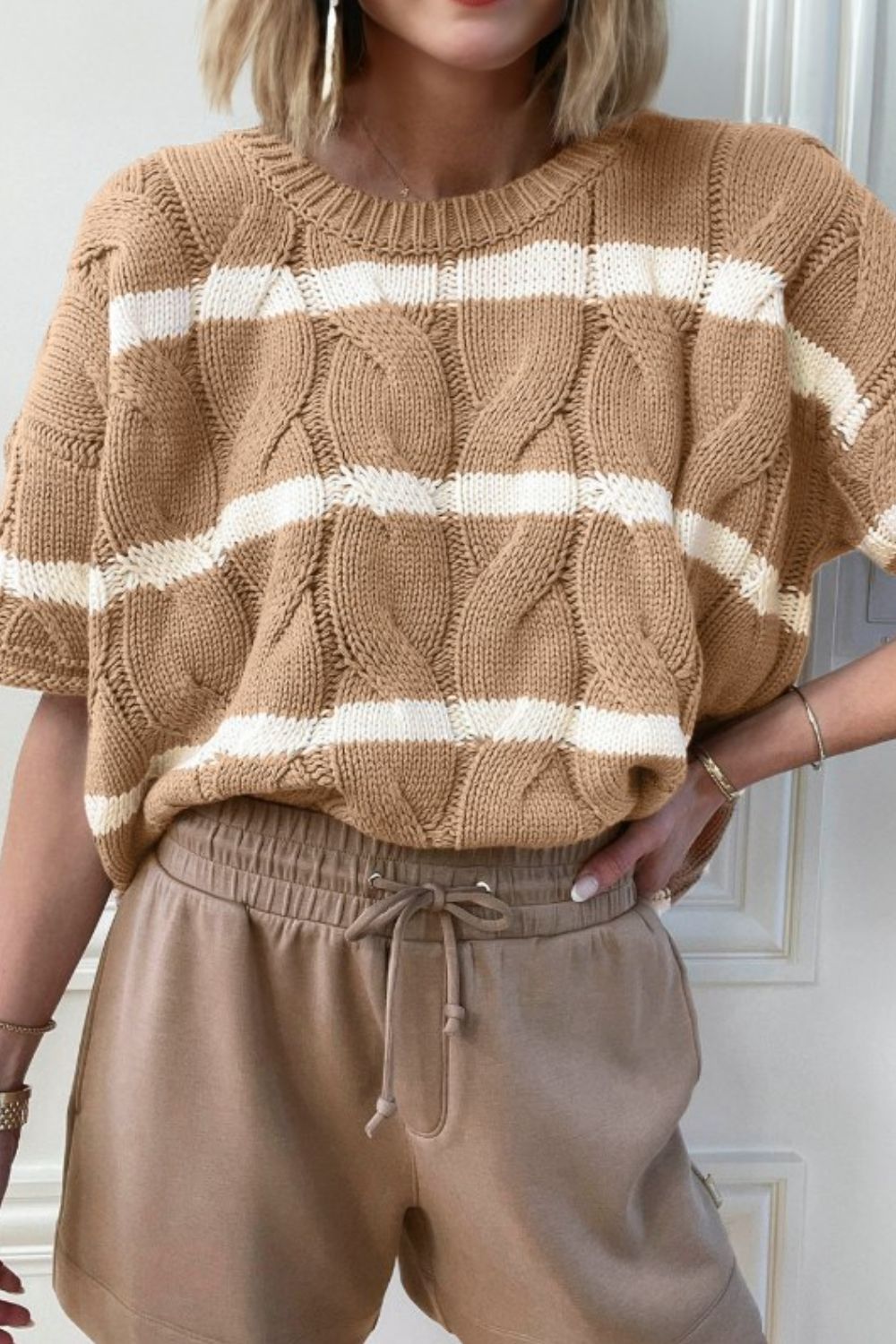 Striped Cable Knit Short Sleeve Sweater