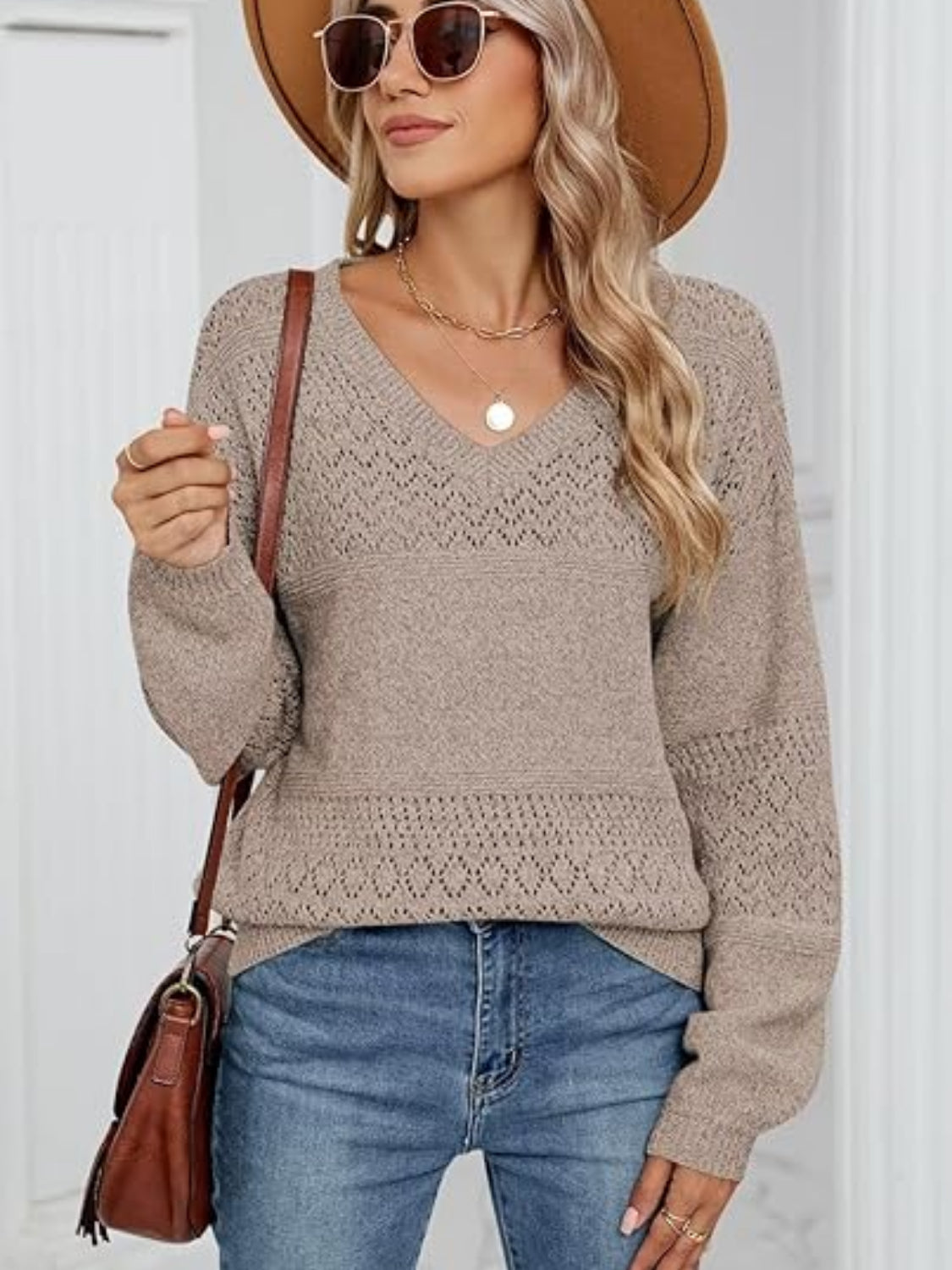 Eyelet V-Neck Long Sleeve Sweater