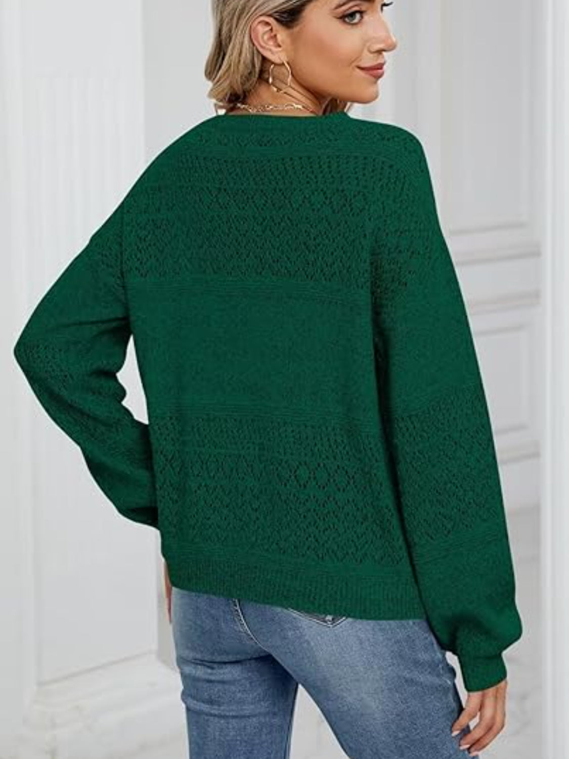 Eyelet V-Neck Long Sleeve Sweater