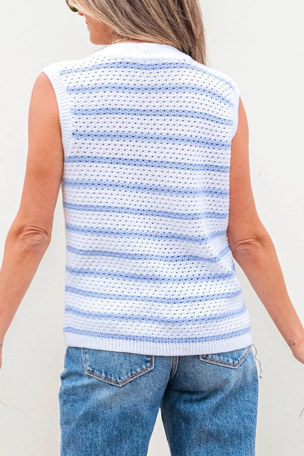 Stripe V Neck Gold Buttons Elegant Sweater Vest