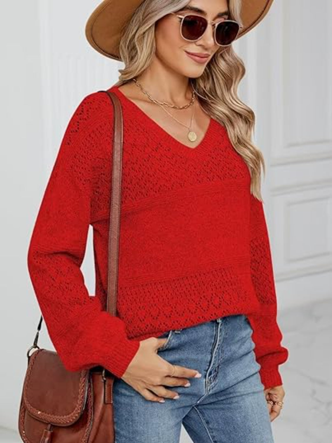 Eyelet V-Neck Long Sleeve Sweater
