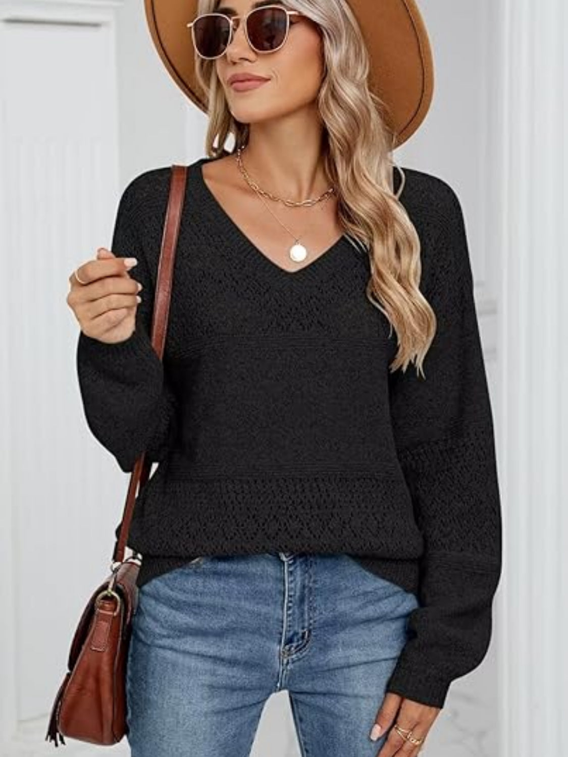 Eyelet V-Neck Long Sleeve Sweater