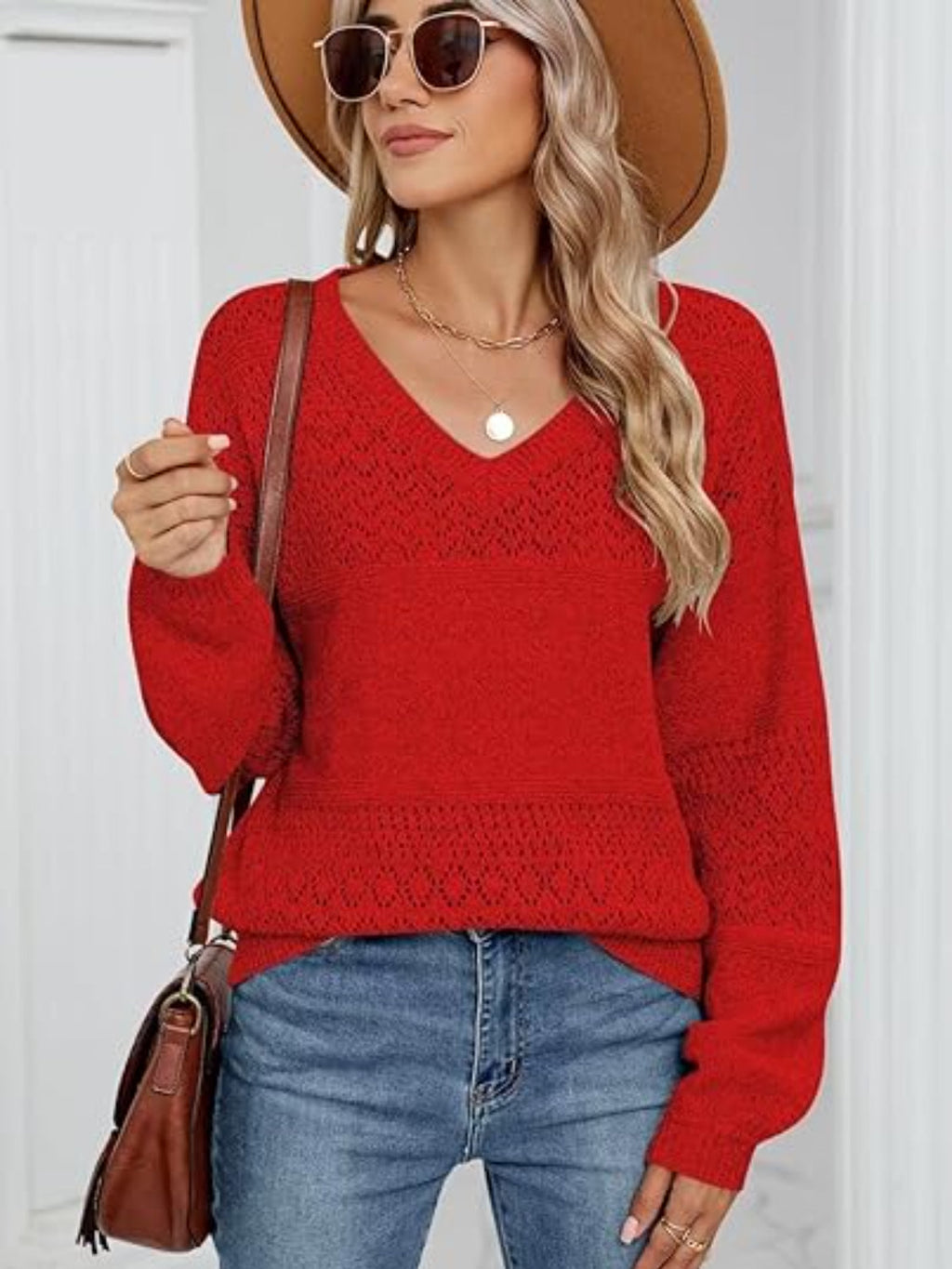 Eyelet V-Neck Long Sleeve Sweater
