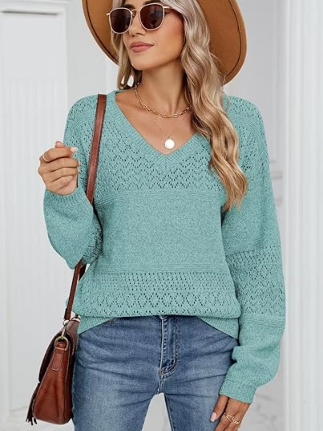 Eyelet V-Neck Long Sleeve Sweater