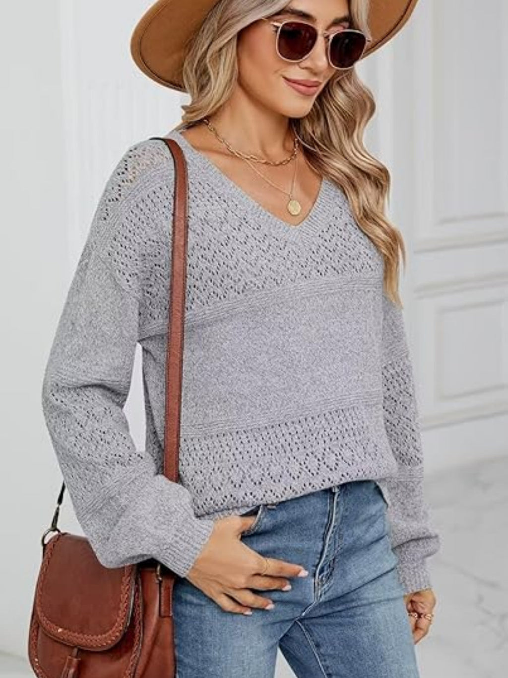 Eyelet V-Neck Long Sleeve Sweater