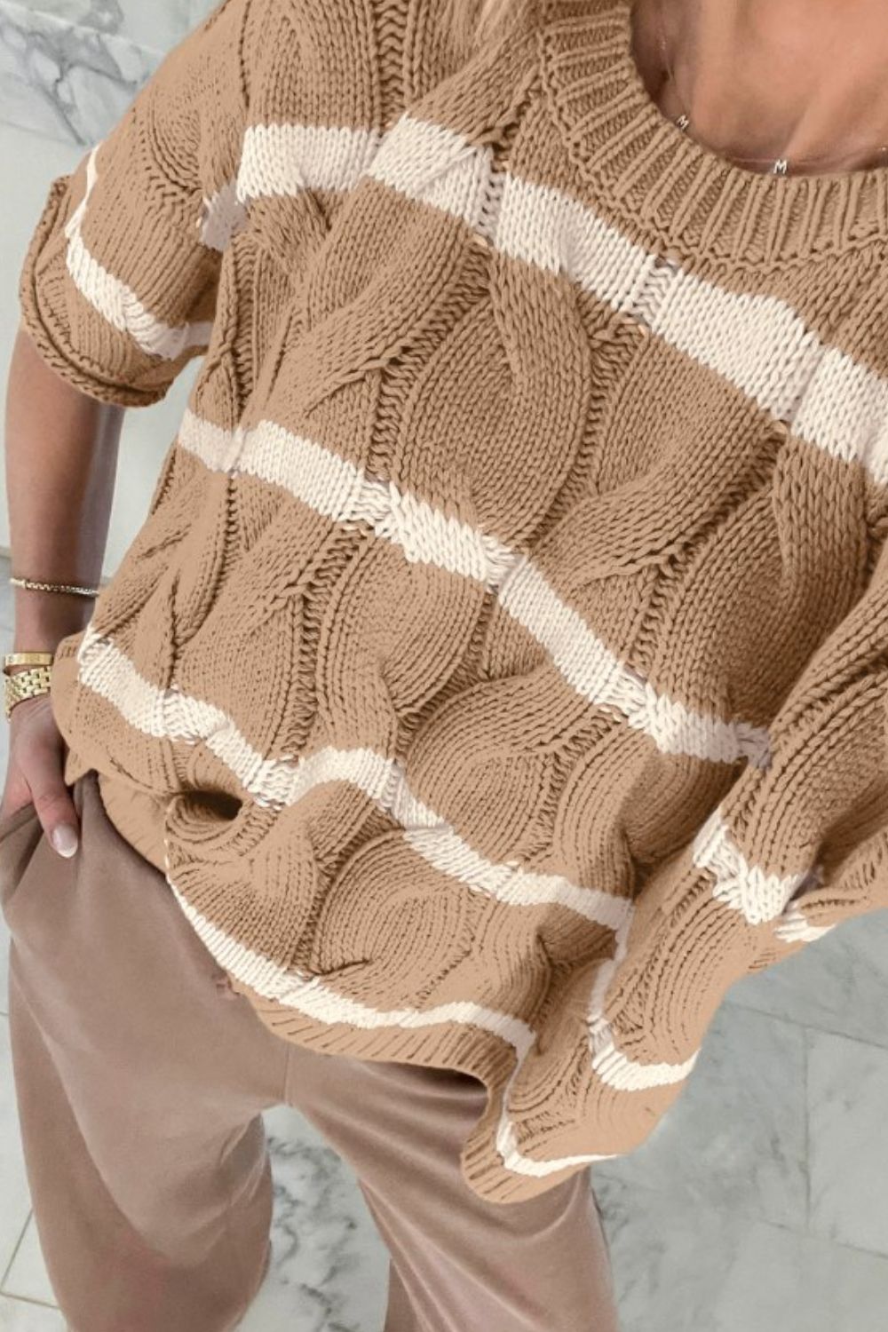 Striped Cable Knit Short Sleeve Sweater