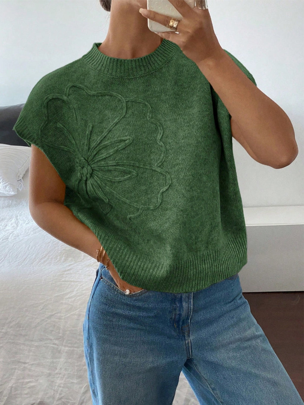 Flower Ribbed Hem Round Neck Cap Sleeve Sweater