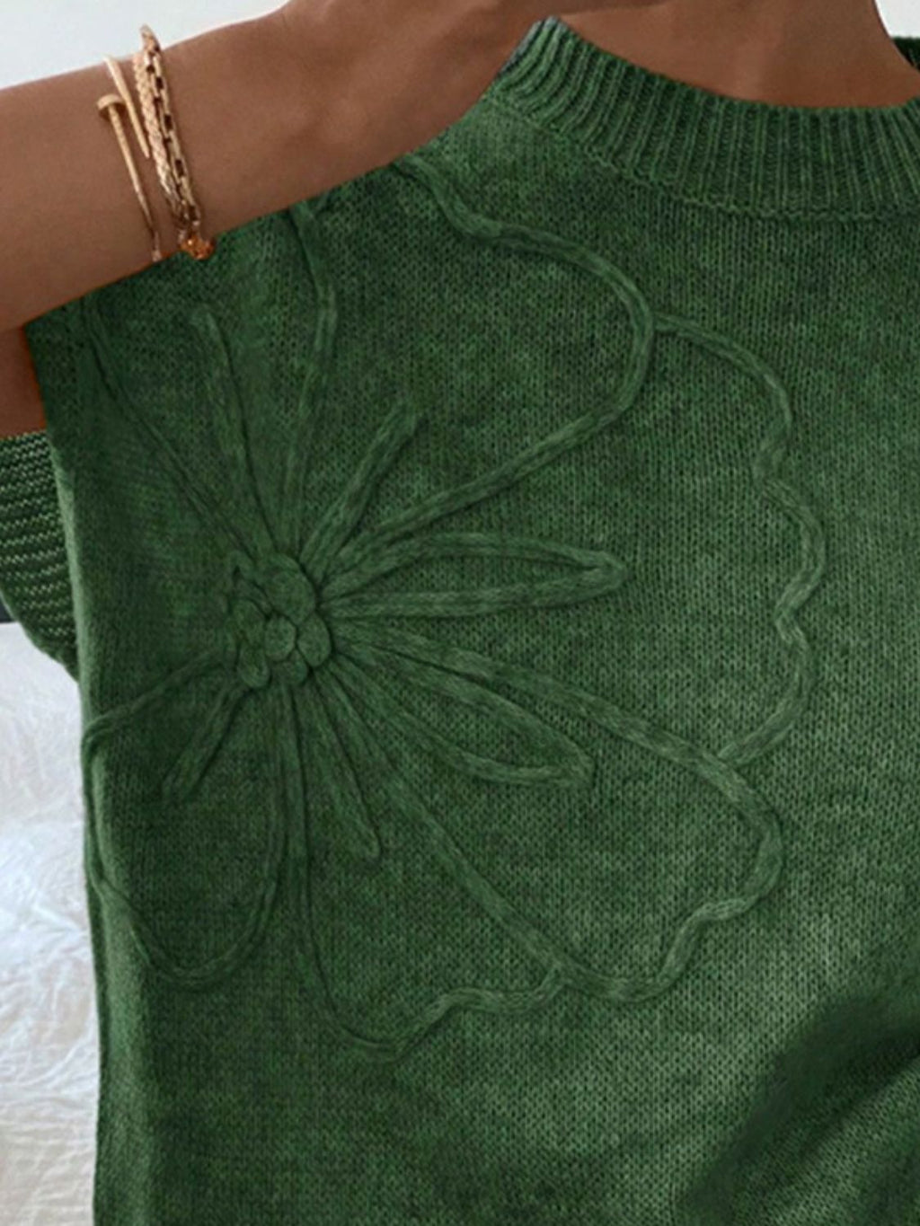 Flower Ribbed Hem Round Neck Cap Sleeve Sweater