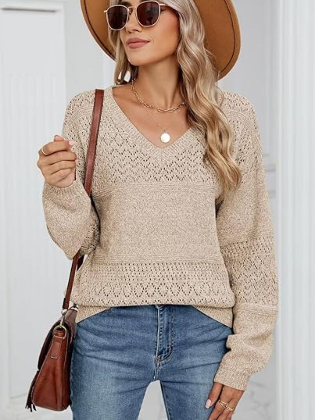 Eyelet V-Neck Long Sleeve Sweater