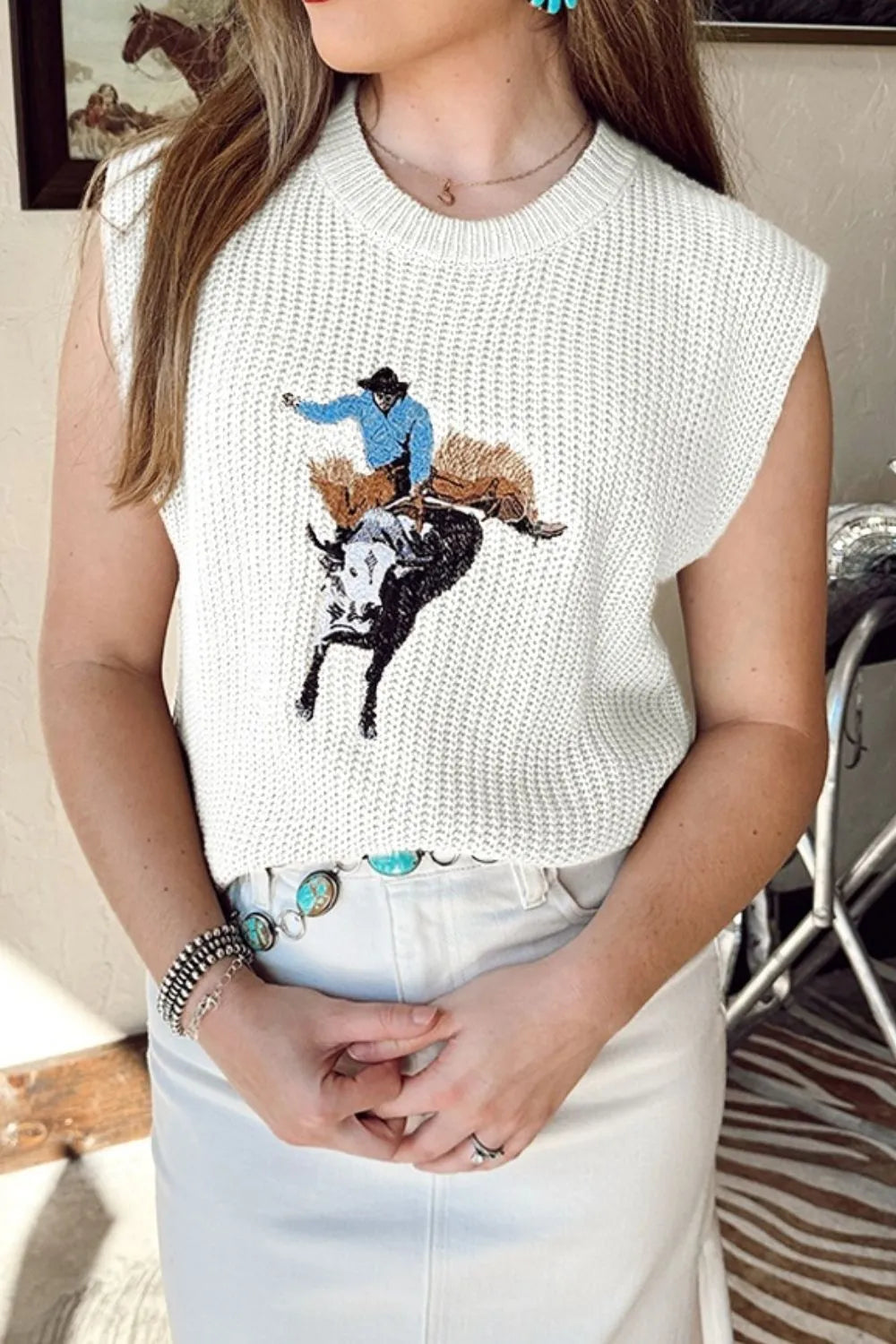 Graphic Round Neck Sweater Vest