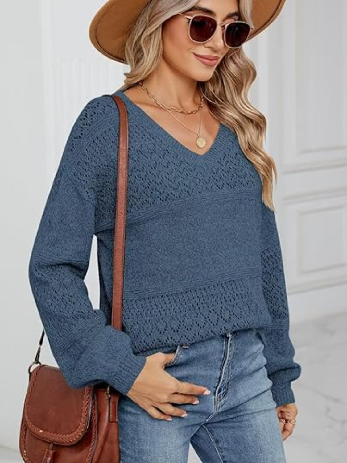 Eyelet V-Neck Long Sleeve Sweater