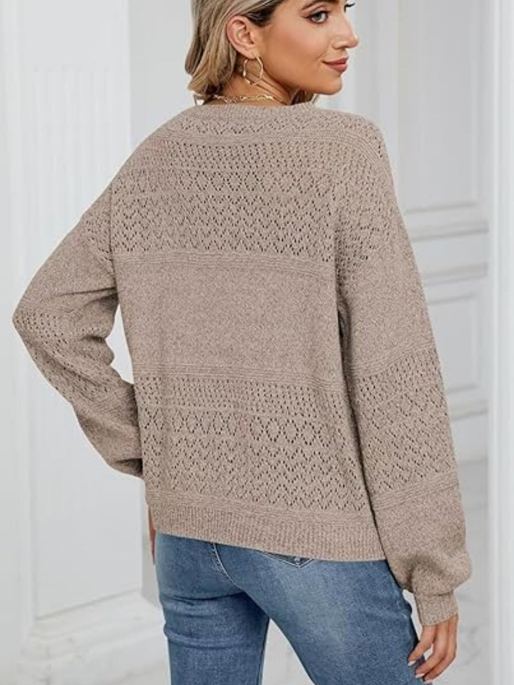 Eyelet V-Neck Long Sleeve Sweater