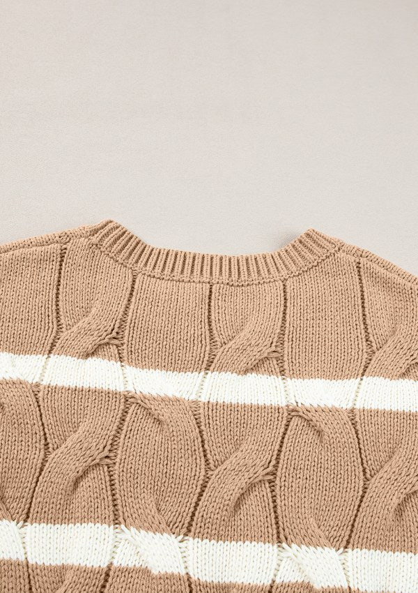 Striped Cable Knit Short Sleeve Sweater