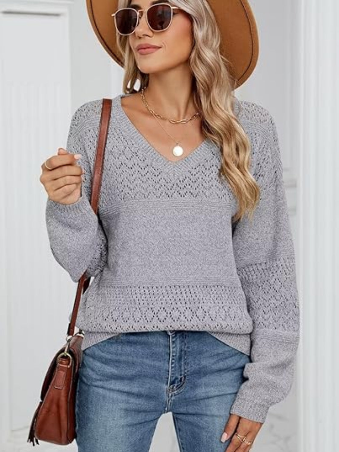 Eyelet V-Neck Long Sleeve Sweater