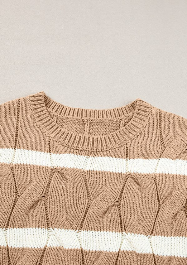 Striped Cable Knit Short Sleeve Sweater