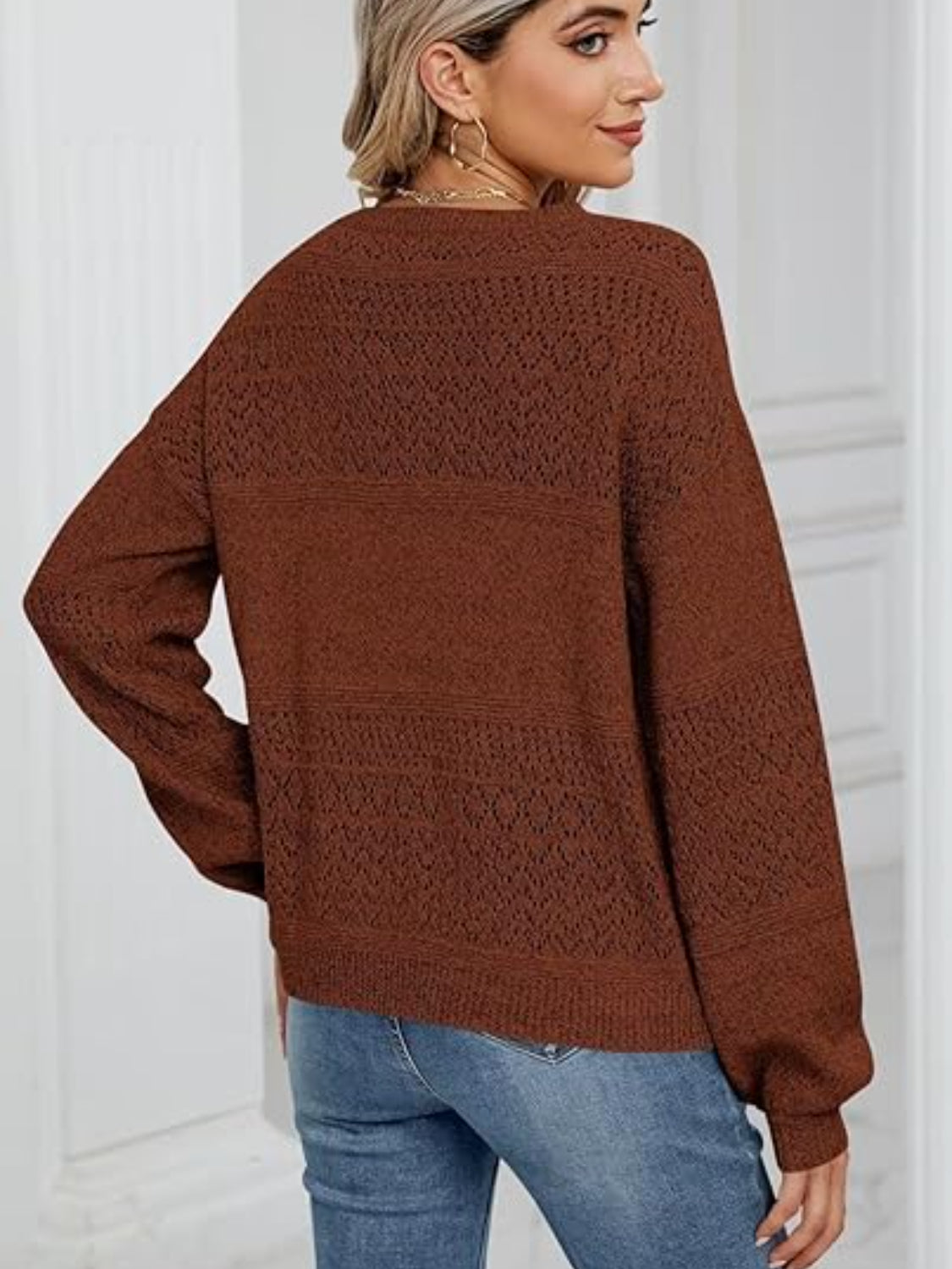 Eyelet V-Neck Long Sleeve Sweater