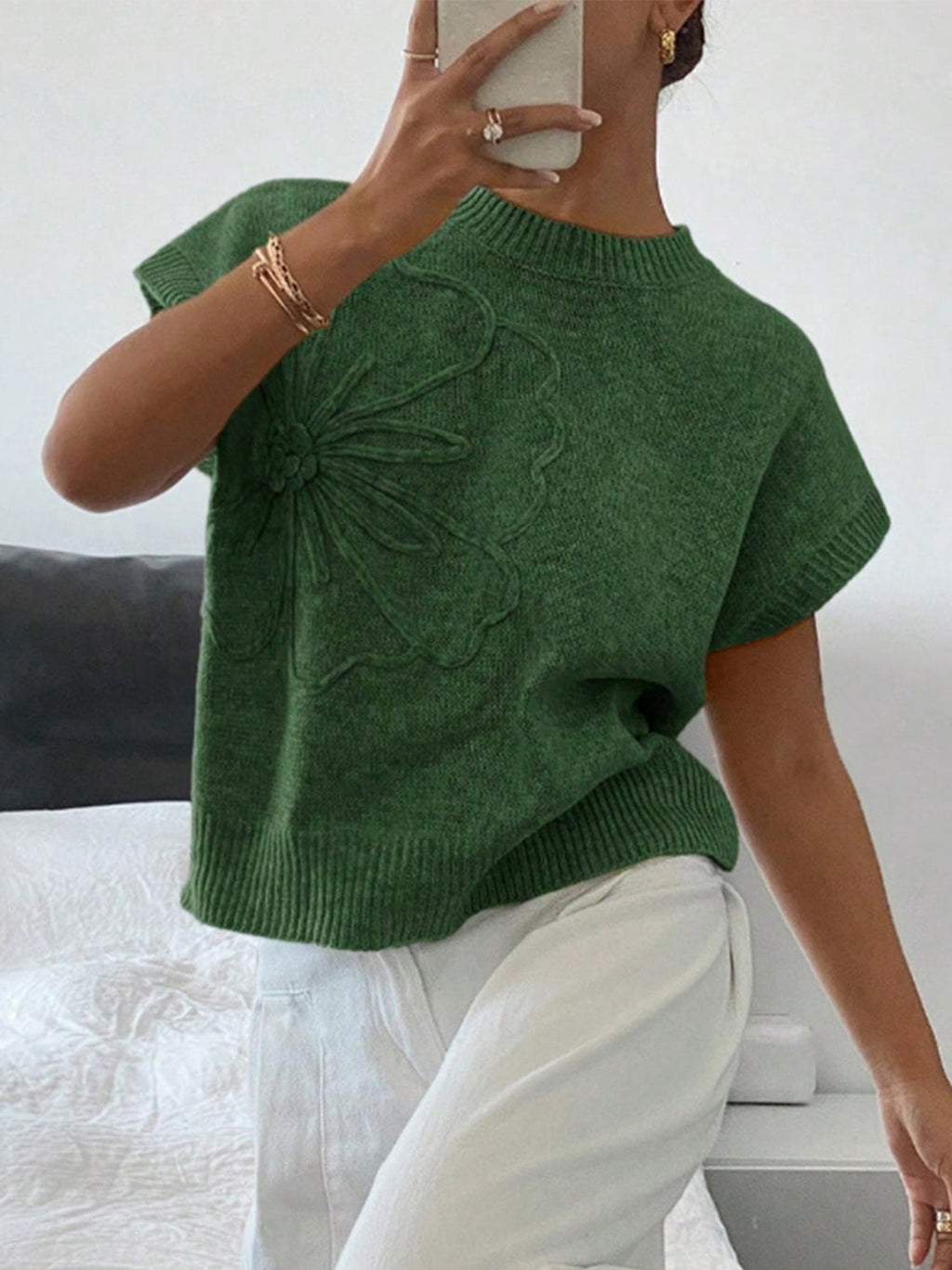 Flower Ribbed Hem Round Neck Cap Sleeve Sweater